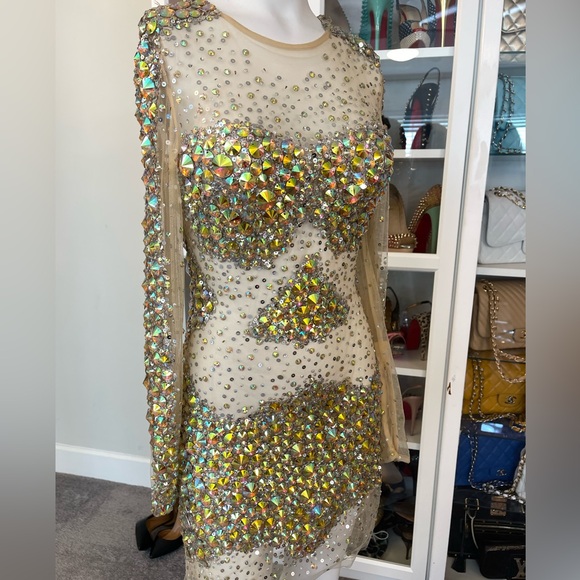 JOVANI 8 long sleeve shirt cocktail dress sheer mesh Crystal sequin NYE dress - Picture 11 of 14